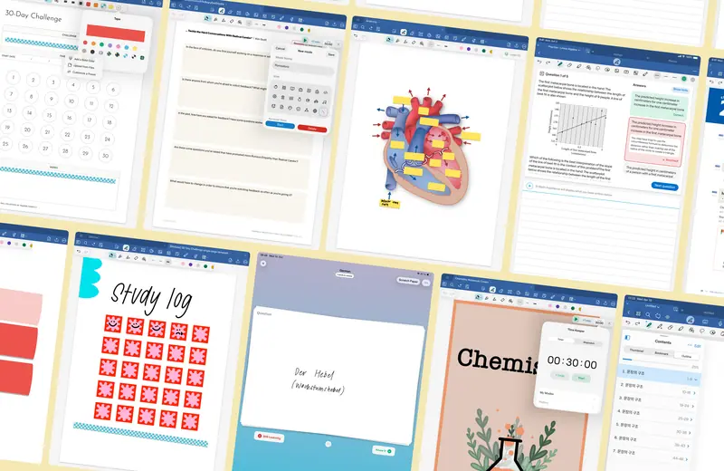 Goodnotes study tools on iPad: Tape in a 30-day challenge, a labelled heart diagram, AI Math Assistance feedback, flashcards and a focus timer